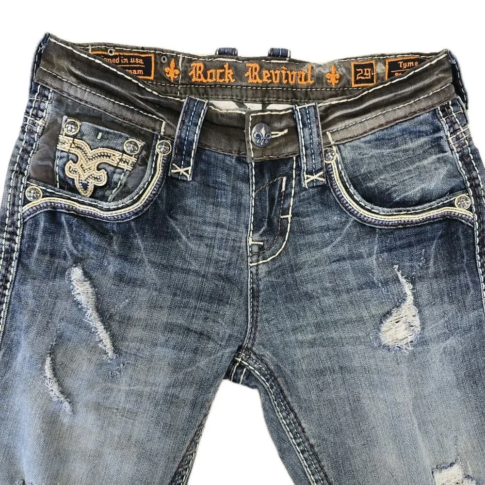 Rock Revival TYME Mens Jeans Straight Leg Size 29 Distressed Thick Stitch MMA - Picture 5 of 12
